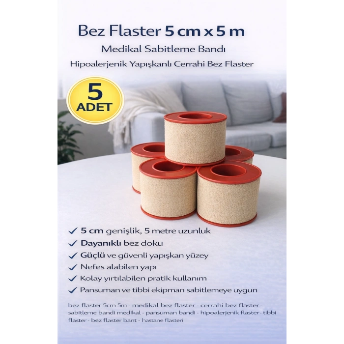 Bez Flaster 5 cm x 5 m Medikal Sabitleme Bandı Hipoalerjenik Yapışkanlı Cerrahi Bez Flaster 5 ADET
