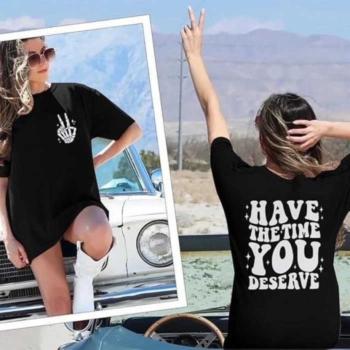 Bisiklet Yaka Kısa Kol Baskılı T-shirt - Siyah
