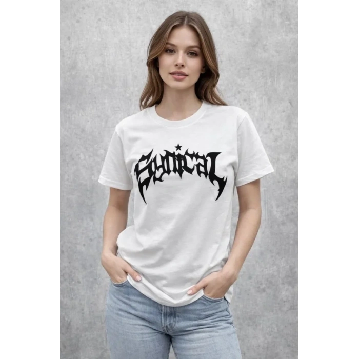 Bisiklet Yaka Ön Baskılı Kısa Kollu Tişört Streetwear Günlük Basic Pamuklu T-shirt - Beyaz