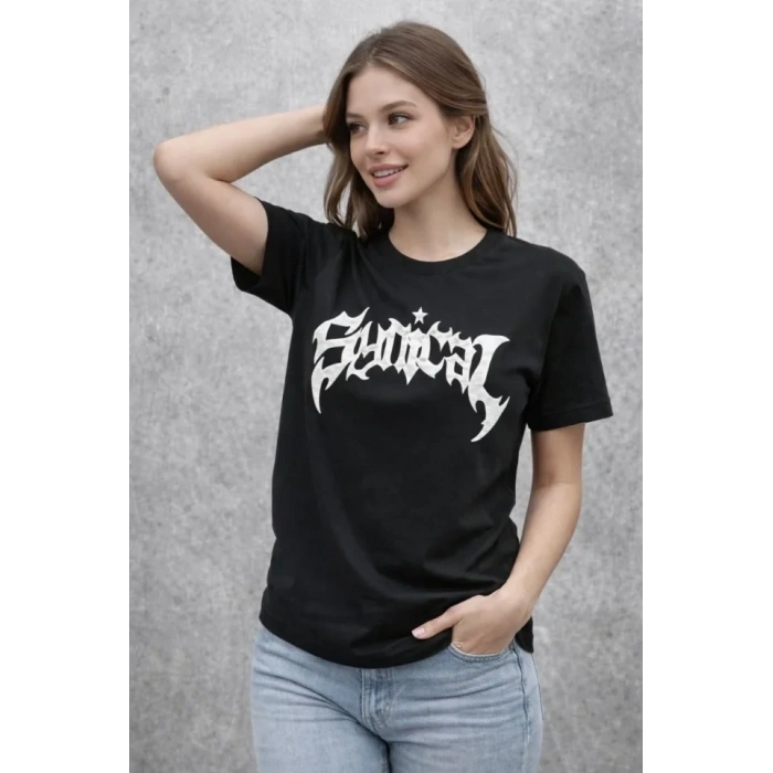 Bisiklet Yaka Ön Baskılı  Kısa Kollu Tişört Streetwear Günlük Basic Pamuklu T-shirt - Siyah