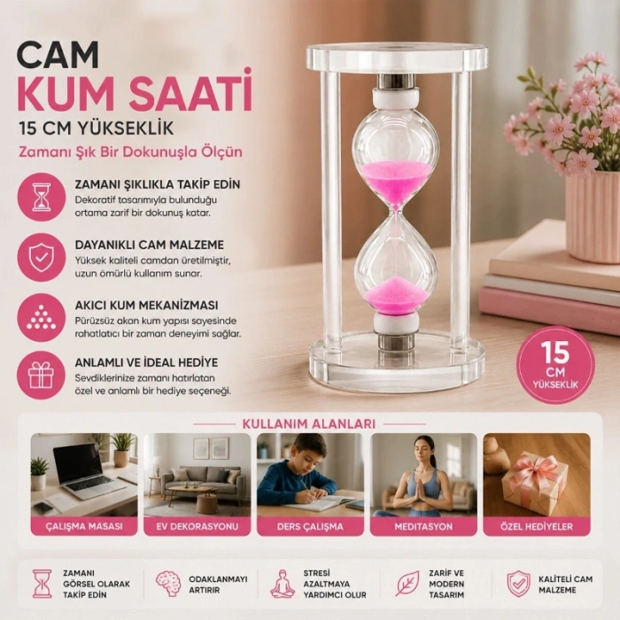 Büyük Boy Cam Standlı Kum Saati - 15 cm Yükseklik - Dekoratif Şık Tasarım