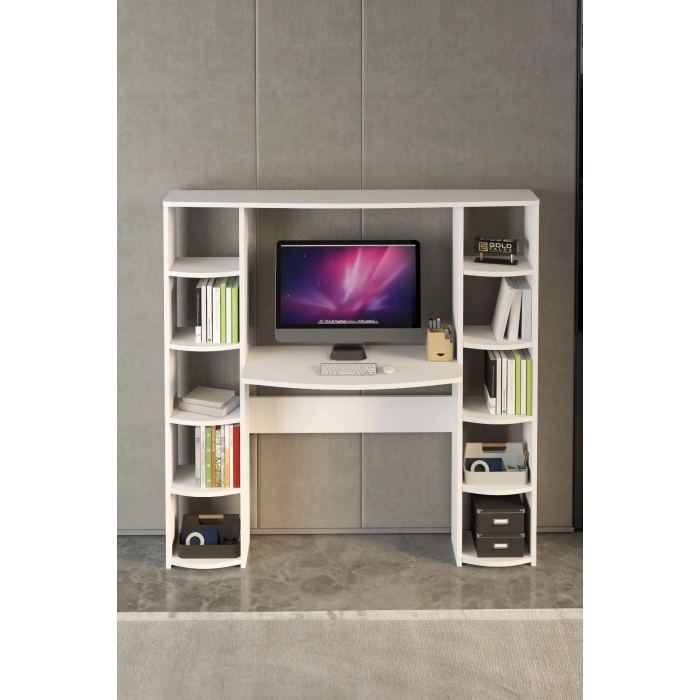Çalışma Masası 10 Raflı Kitaplık Raf Beyaz