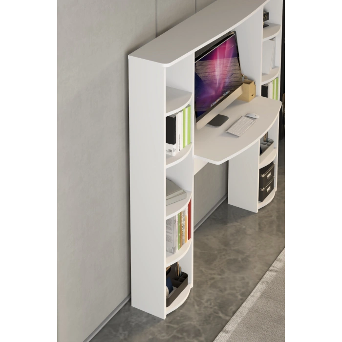 Çalışma Masası 10 Raflı Kitaplık Raf Beyaz