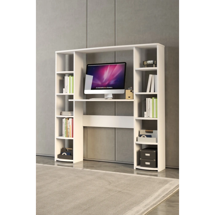 Çalışma Masası 10 Raflı Kitaplık Raf Beyaz
