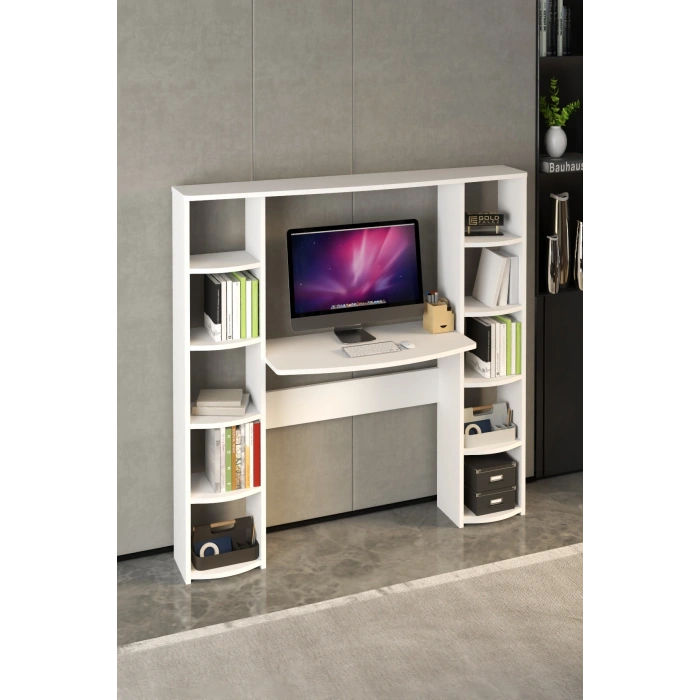 Çalışma Masası 10 Raflı Kitaplık Raf Beyaz