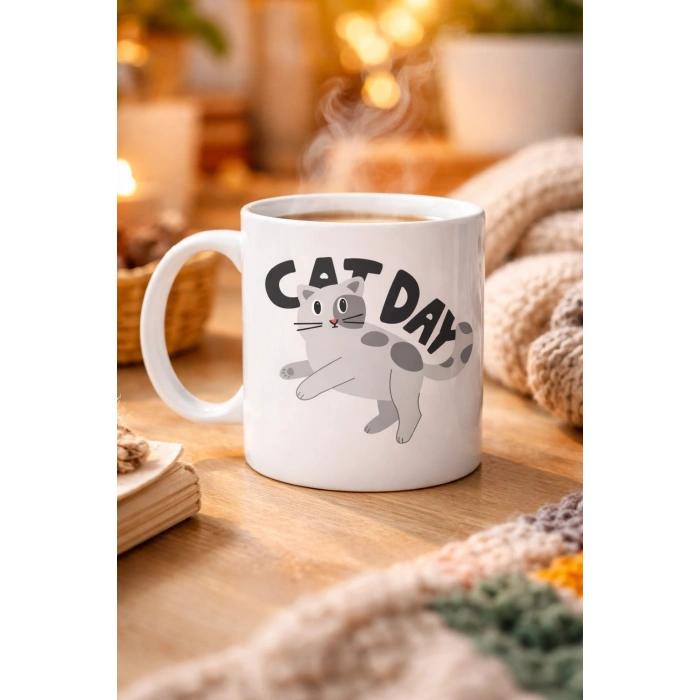Cat Day Kedi Desenli Porselen Kupa MODEL 67 – Sevimli Kedi Figürlü, Günlük Kullanıma Uygun, Kahve & Çay Kupası