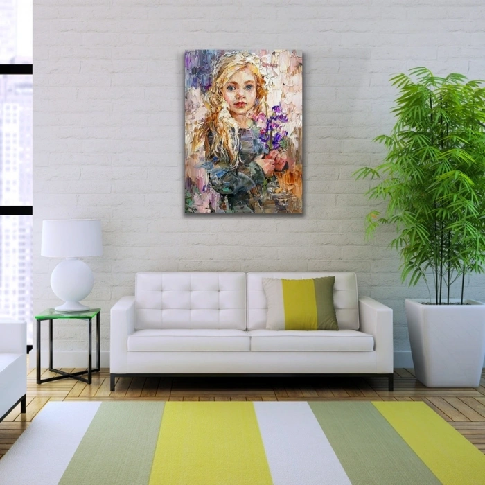 Çiçek Demeti Tutan Kadın Portresi Yağlıboya Kanvas Tablo 50 x 70