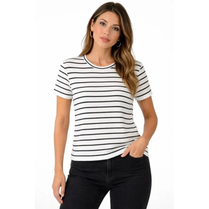 Çizgili Yazlık Triko T-Shirt Bisiklet Yaka Rahat Kalıp Tişört - Beyaz