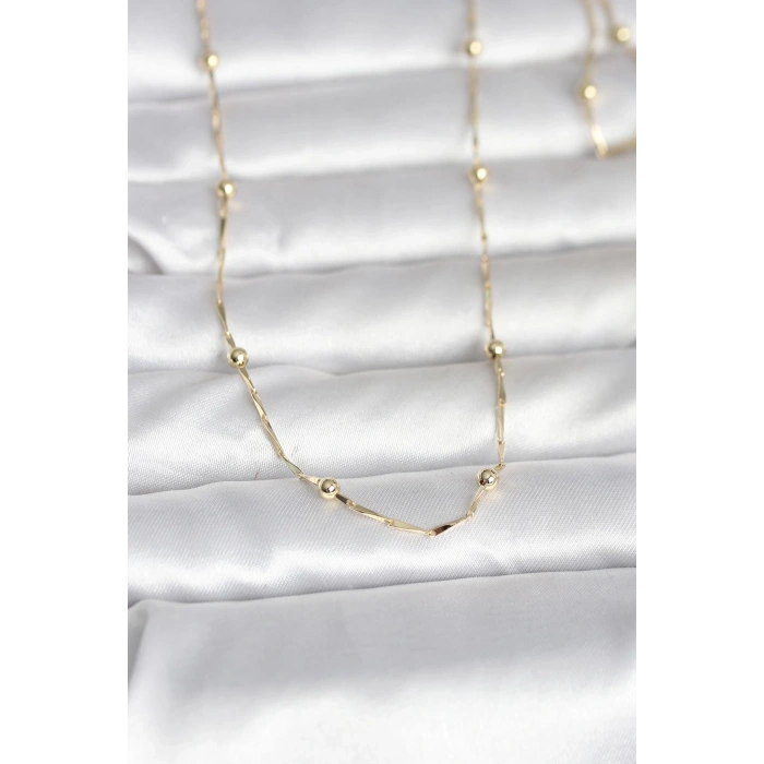 CM 14K Gold Renk Kesme Çubuk Zincir Topçuklu Model 60 cm Kadın Kolye