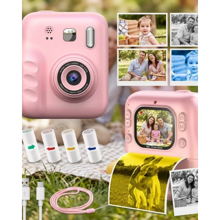 Çocuk Dijital Fotoğraf Makinesi Anında Baskı ve HD Video Kayıt Özellikli 5 kalem ve 4 rulo kağıt hediye