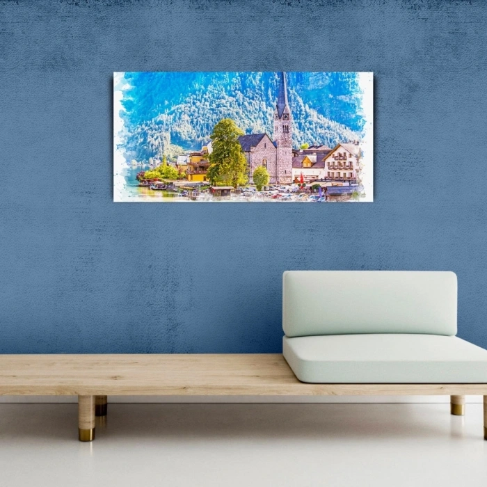 Dağ ve göl temalı Kasaba Yağlıboya Görünümlü Kanvas Tablo 60 x 120