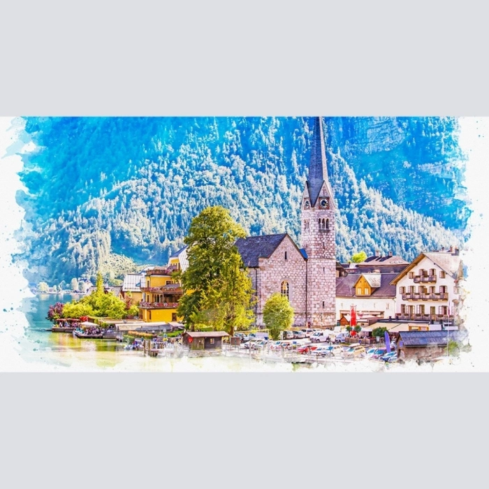 Dağ ve göl temalı Kasaba Yağlıboya Görünümlü Kanvas Tablo 60 x 120