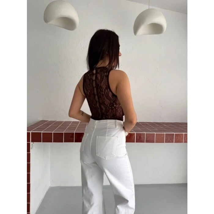 Dantel Detaylı Derin Dekolte Body Şık Kolsuz Yazlık Bodysuit - Kahvrenegi