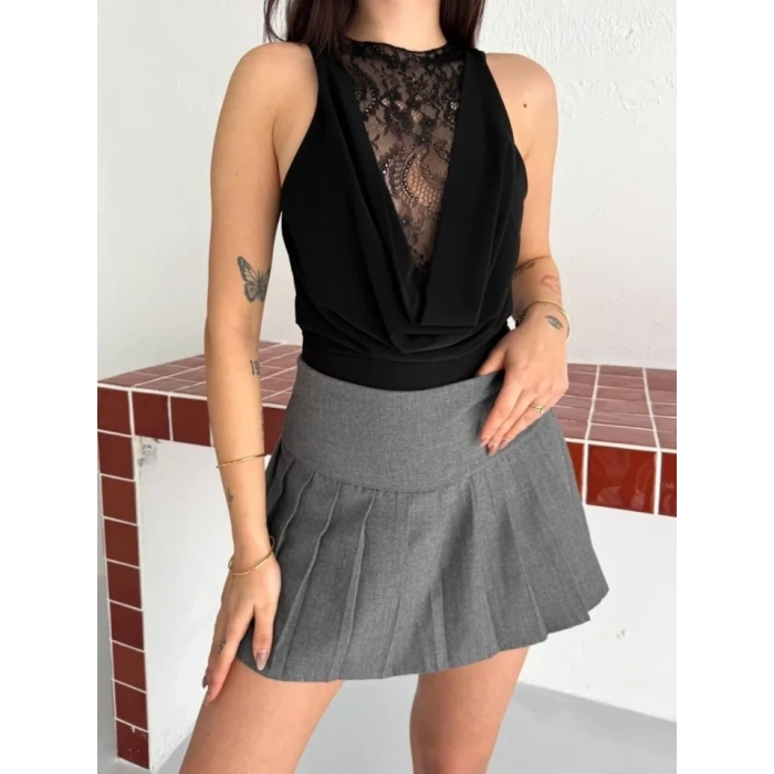 Dantel Detaylı Derin Dekolte Body Şık Kolsuz Yazlık Bodysuit - Siyah