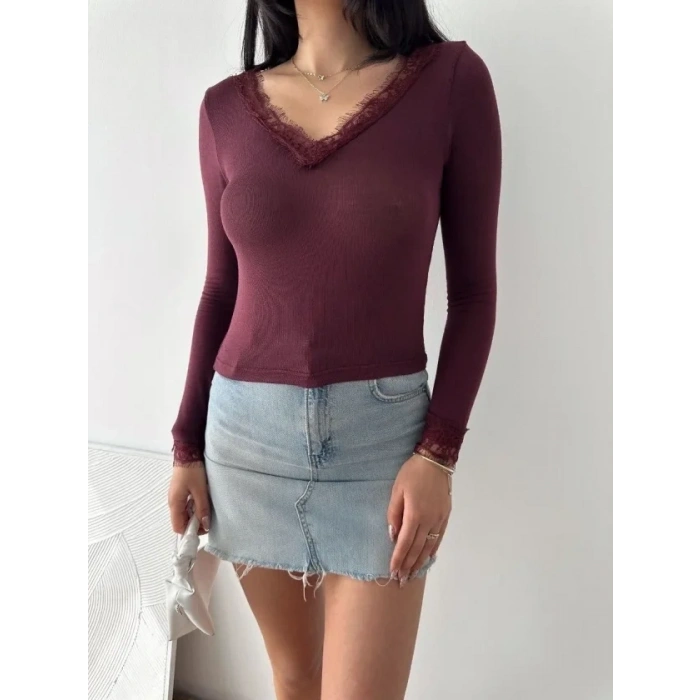 Dantel Detaylı V Yaka Arkası V Yaka Kaşmir Dokulu Uzun Kollu Bluz - Bordo