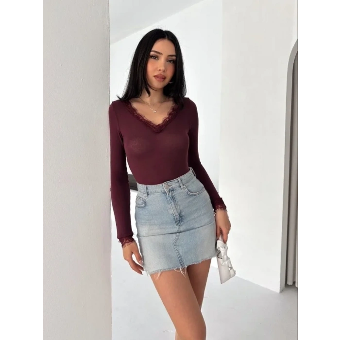 Dantel Detaylı V Yaka Arkası V Yaka Kaşmir Dokulu Uzun Kollu Bluz - Bordo
