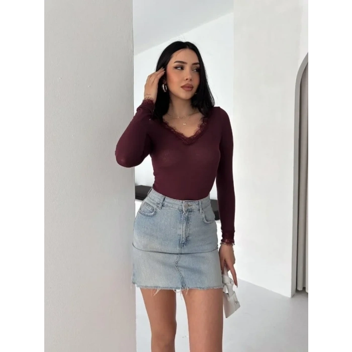 Dantel Detaylı V Yaka Arkası V Yaka Kaşmir Dokulu Uzun Kollu Bluz - Bordo