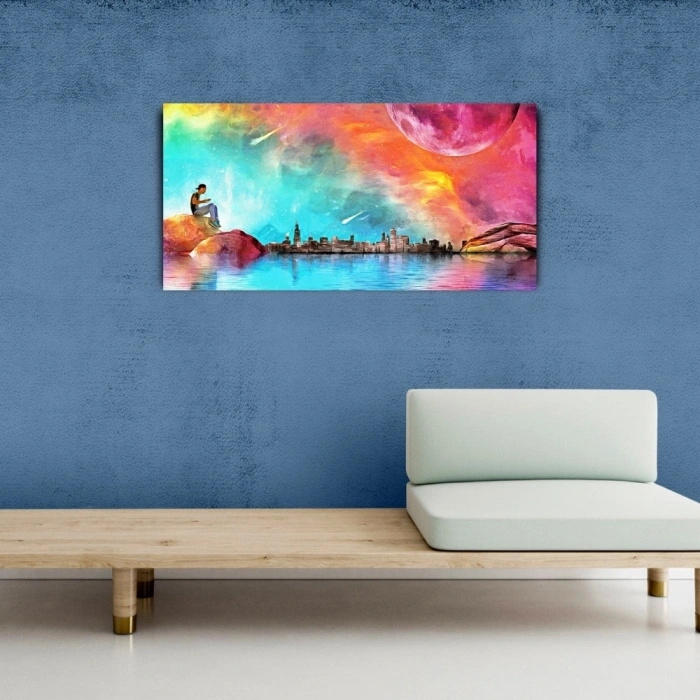 Deniz , Ay ve Şehir Silüeti Kanvas Tablo 60 x 120