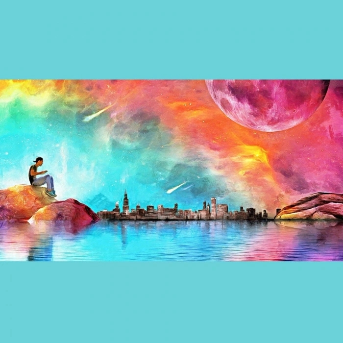 Deniz , Ay ve Şehir Silüeti Kanvas Tablo 60 x 120