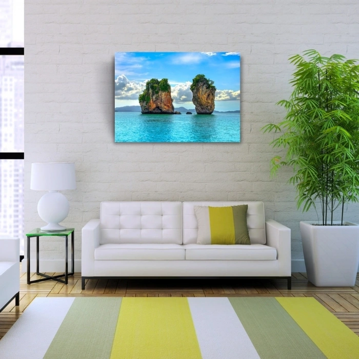 Deniz de İki Adacık, Mavi Tonlarda Fotoğraf Kanvas Tablo 50 x 70