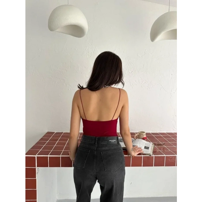 Derin Dekolte Askılı Body Sırt Dekolteli Şık Kolsuz Yazlık Bodysuit - Kırmızı