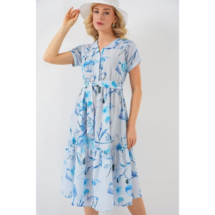 Desenli Kısa Kol Elbise 2558 - Mavi
