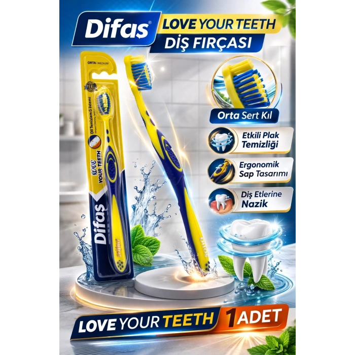 Difaş Love Your Teeth Diş Fırçası 1 Adet Orta Sert Ergonomik Tutma Saplı Manuel Diş Fırçası