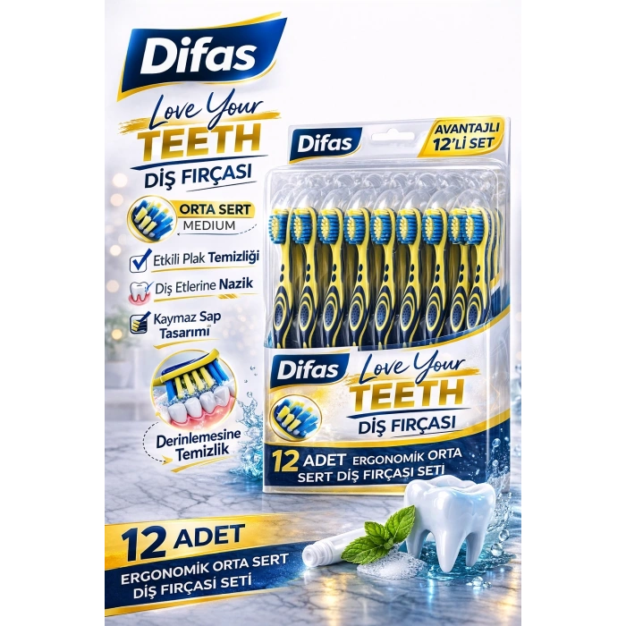 Difaş Love Your Teeth Diş Fırçası 12 Adet Standlı Orta Sert Medium Ergonomik Saplı Manuel Diş Fırçası Seti