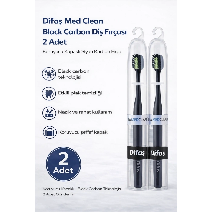 Difaş Med Clean Black Carbon Diş Fırçası 2 Adet Koruyucu Kapaklı Siyah Karbon Fırça Seti