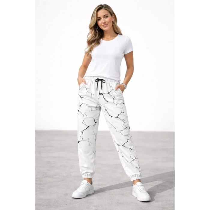 Dijital Baskılı Eşofman Altı Kışlık Üç İplik Şardonlu Kumaş Lastikli Paça, Cepli, Rahat Kalıp - Beyaz