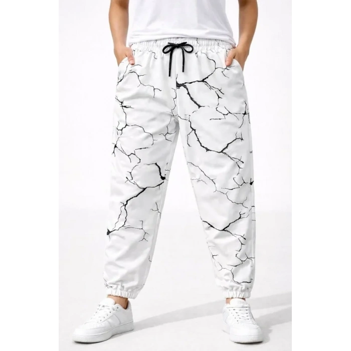 Dijital Baskılı Eşofman Altı Kışlık Üç İplik Şardonlu Kumaş Lastikli Paça, Cepli, Rahat Kalıp - Beyaz