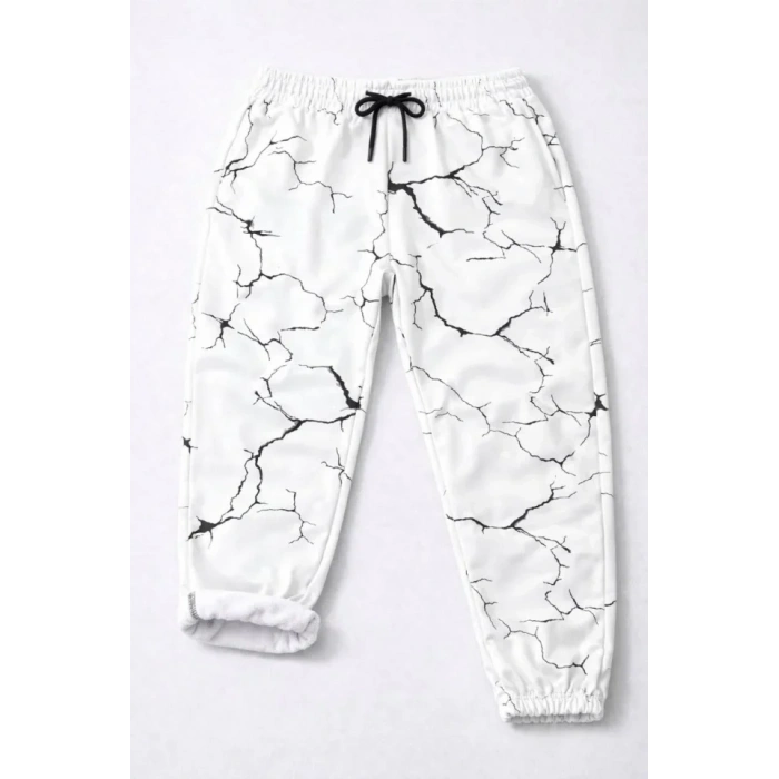 Dijital Baskılı Eşofman Altı Kışlık Üç İplik Şardonlu Kumaş Lastikli Paça, Cepli, Rahat Kalıp - Beyaz