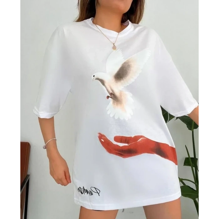 Dijital Baskılı T-Shirt - Beyaz