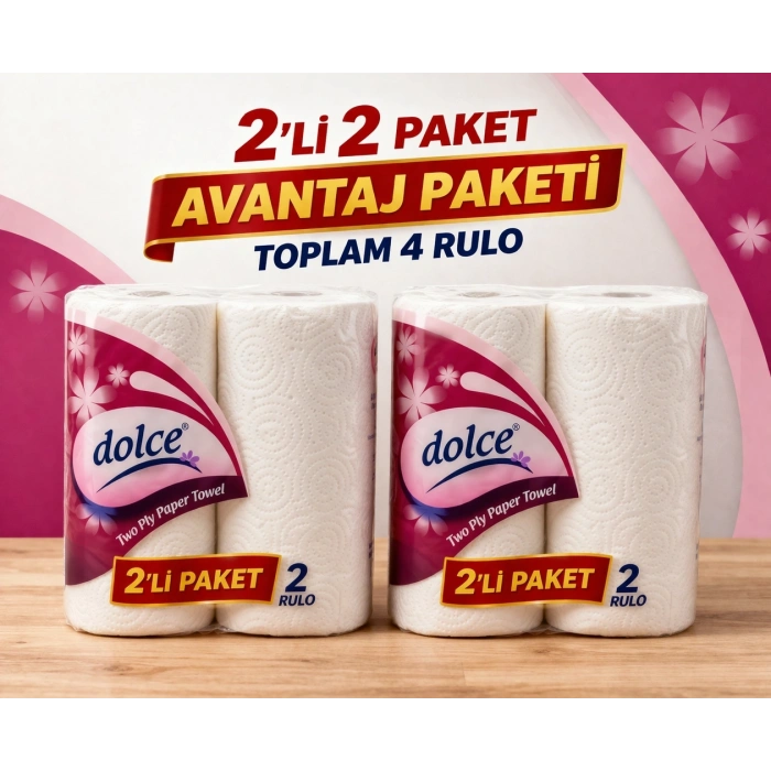 Dolce Çift Katlı Kağıt Havlu 2li Rulo 2 Paket Yüksek Emicili Çok Amaçlı Kağıt Havlu