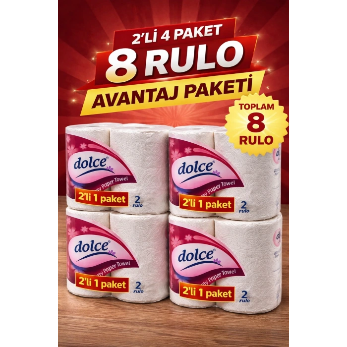 Dolce Çift Katlı Kağıt Havlu 2li Rulo 4 Paket Yüksek Emicili Çok Amaçlı Kağıt Havlu