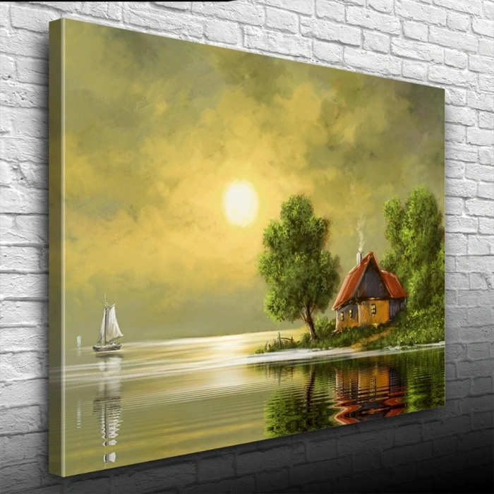 Dolunay ve Göl kenarındaki Ev Yağlıboya Kanvas Tablo 50 x 70