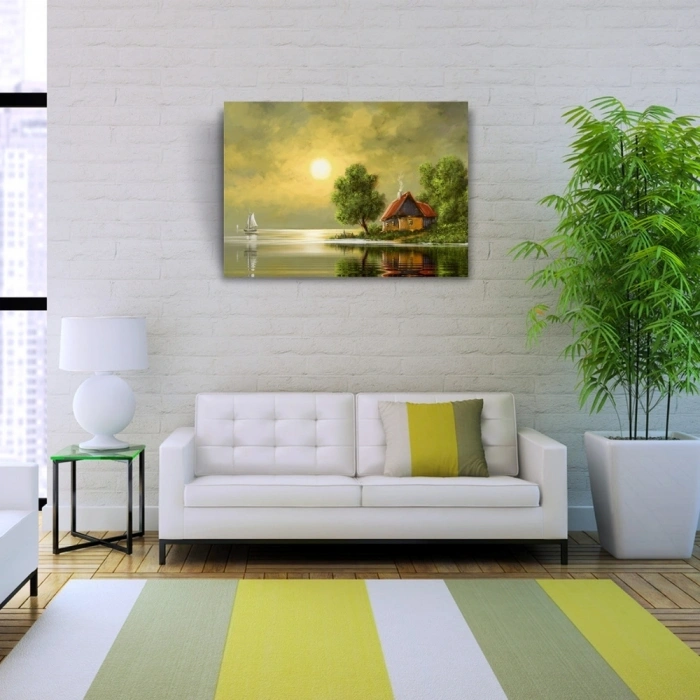 Dolunay ve Göl kenarındaki Ev Yağlıboya Kanvas Tablo 50 x 70