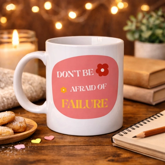 Don’t Be Afraid of Failure Motivasyon Kupası MODEL 134 – İlham Veren Tasarım, Porselen Kahve Kupası, Pozitif Mesajlı Hediye