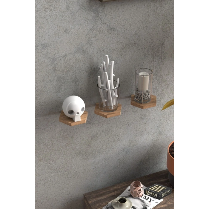 Duvar Rafı Dekoratif 3 Adet Çiçeklik Altıgen Ceviz