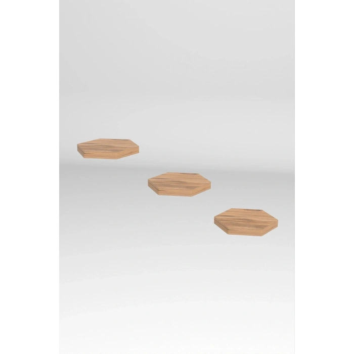 Duvar Rafı Dekoratif 3 Adet Çiçeklik Altıgen Ceviz