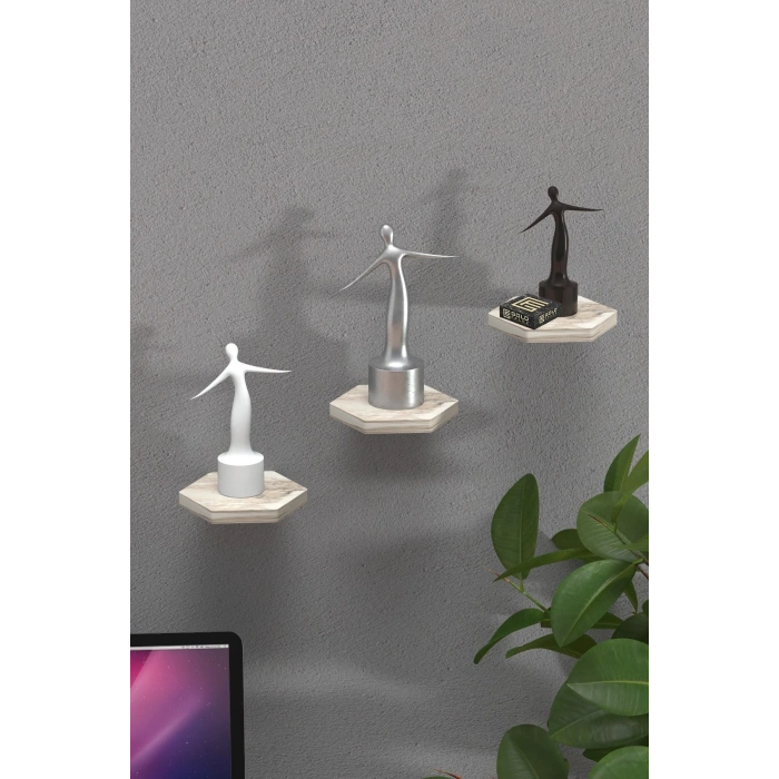 Duvar Rafı Dekoratif 3 Adet Çiçeklik Altıgen Efes