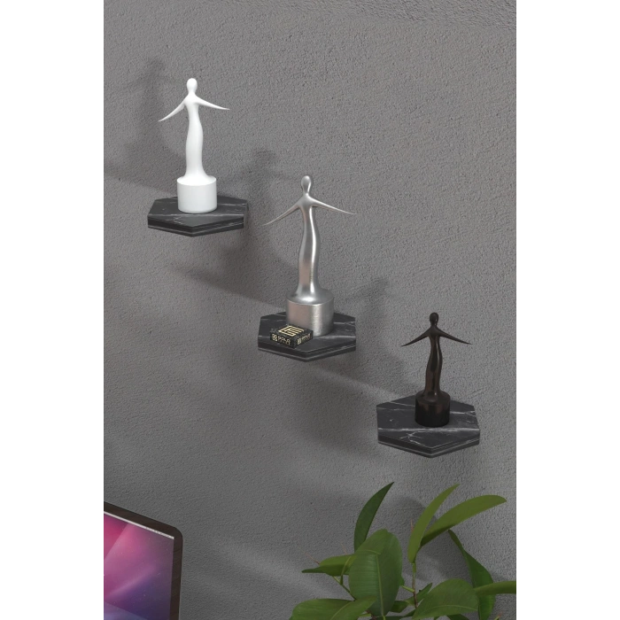 Duvar Rafı Dekoratif 3 Adet Çiçeklik Altıgen Siyah Mermer Desen