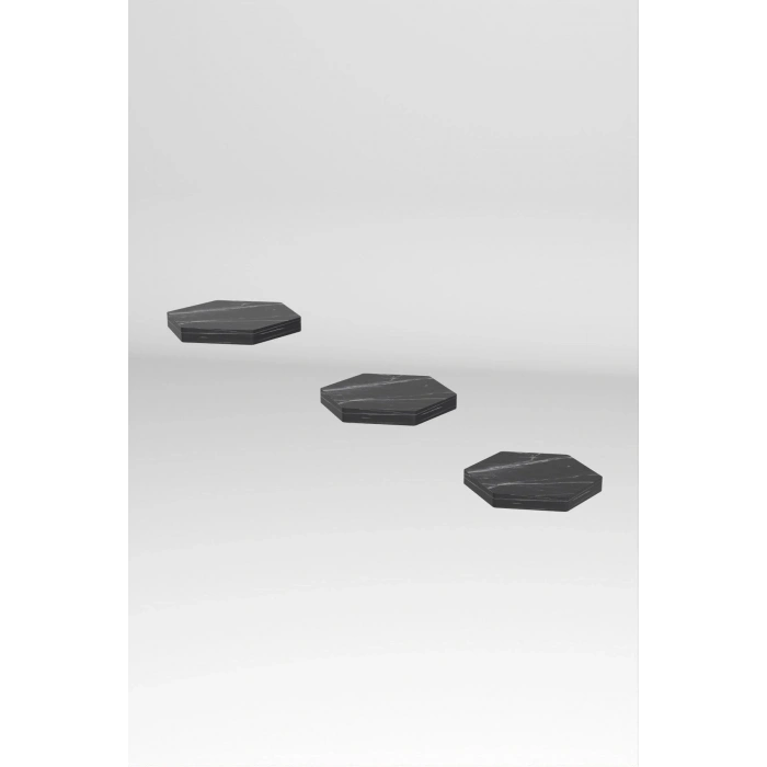 Duvar Rafı Dekoratif 3 Adet Çiçeklik Altıgen Siyah Mermer Desen