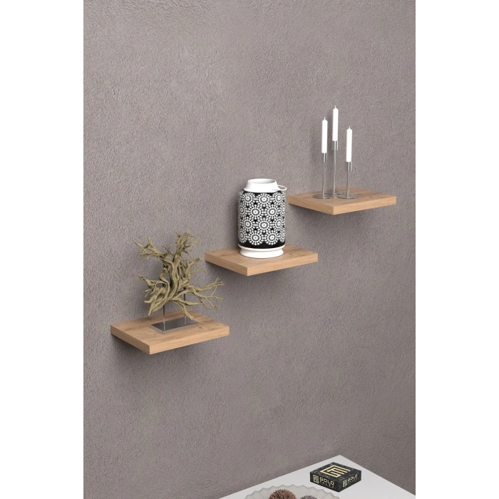 Duvar Rafı Dekoratif 3 Adet Çiçeklik Kare Ceviz