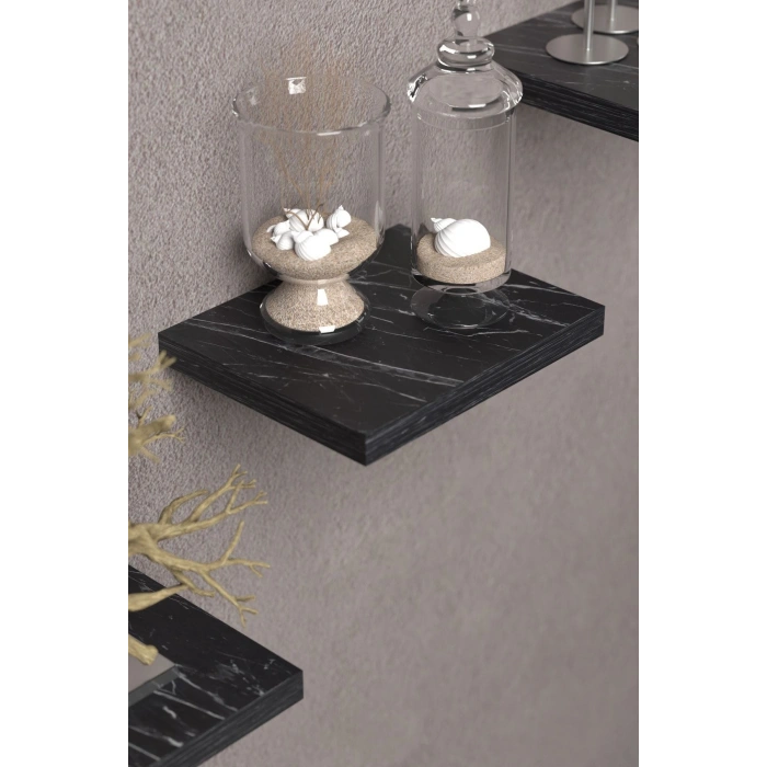 Duvar Rafı Dekoratif 3 Adet Çiçeklik Kare Siyah Mermer Desen