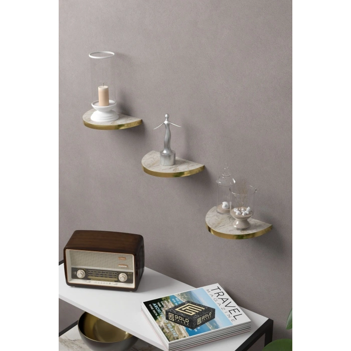 Duvar Rafı Dekoratif 3 Adet Çiçeklik Oval Altın Efes