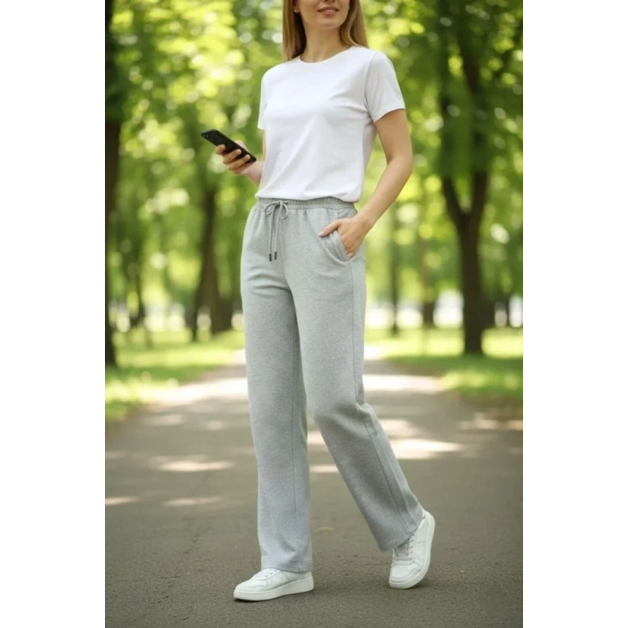 Düz Paça Beli Lastikli İpli Günlük Spor Eşofman Altı Rahat Fit - Gri
