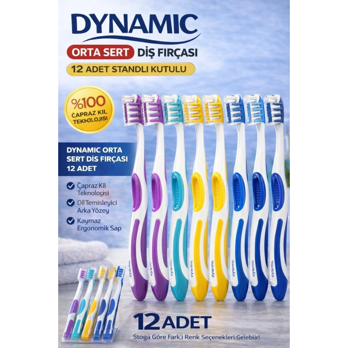 Dynamic Orta Sert Diş Fırçası 12 Adet Standlı Kutulu Medium Çapraz Kıl Teknolojili Dil Temizleyicili Ergonomik Saplı Diş Fırçası