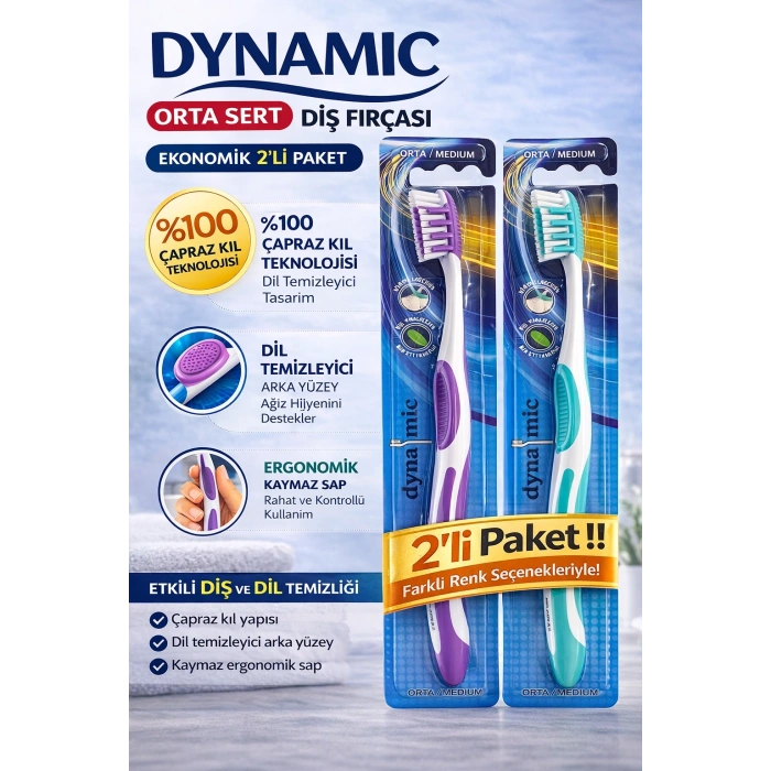 Dynamic Orta Sert Diş Fırçası 2 Adet Medium Çapraz Kıl Teknolojili Dil Temizleyicili Ergonomik Saplı Diş Fırçası