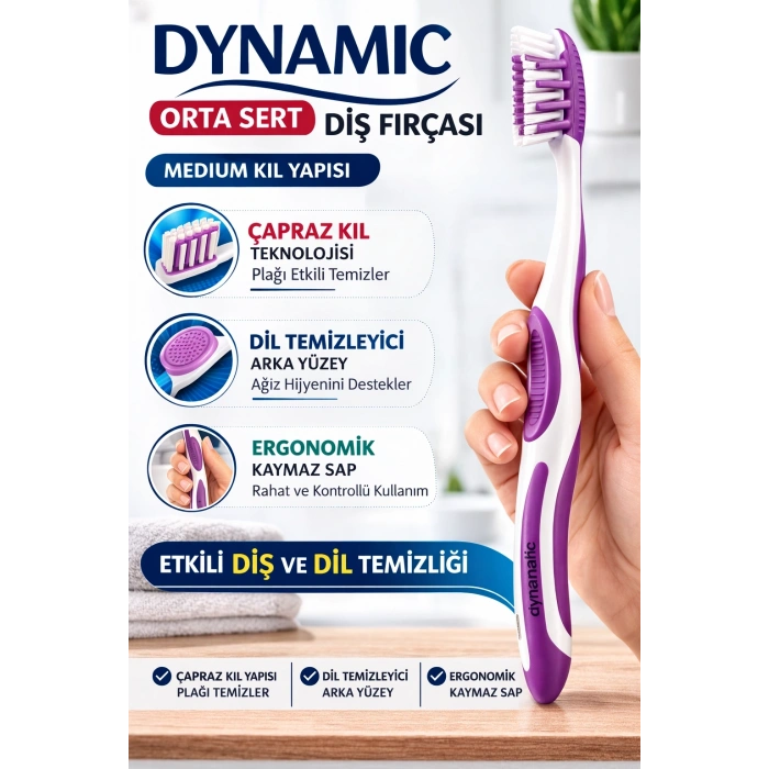 Dynamic Orta Sert Diş Fırçası Medium Çapraz Kıl Yapılı Dil Temizleyicili Ergonomik Diş Fırçası 1 Adet